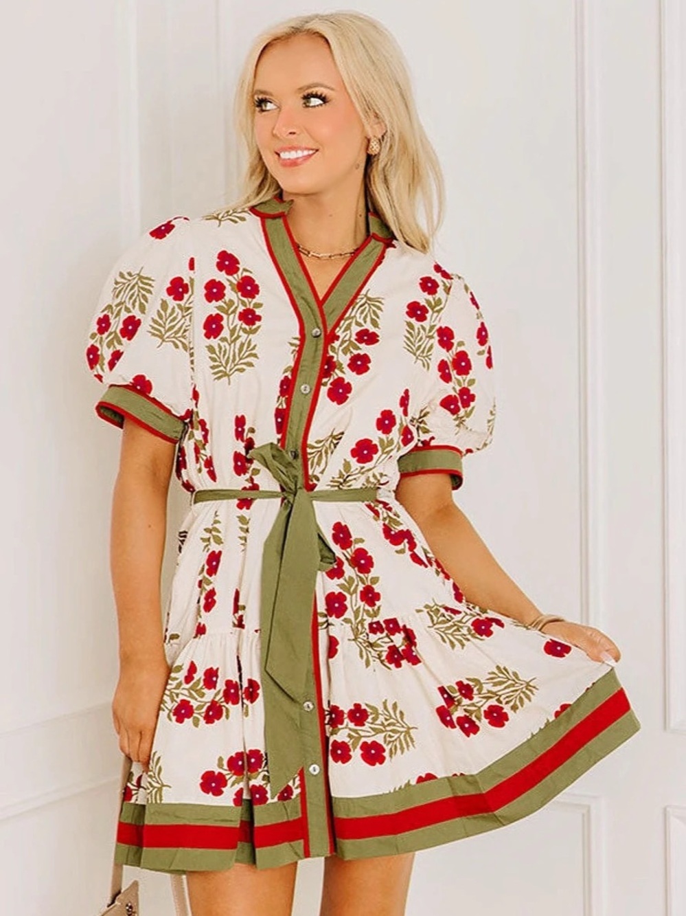 Fall Floral Puff Sleeve Mini Dress in Cream & Red ~Worn Once